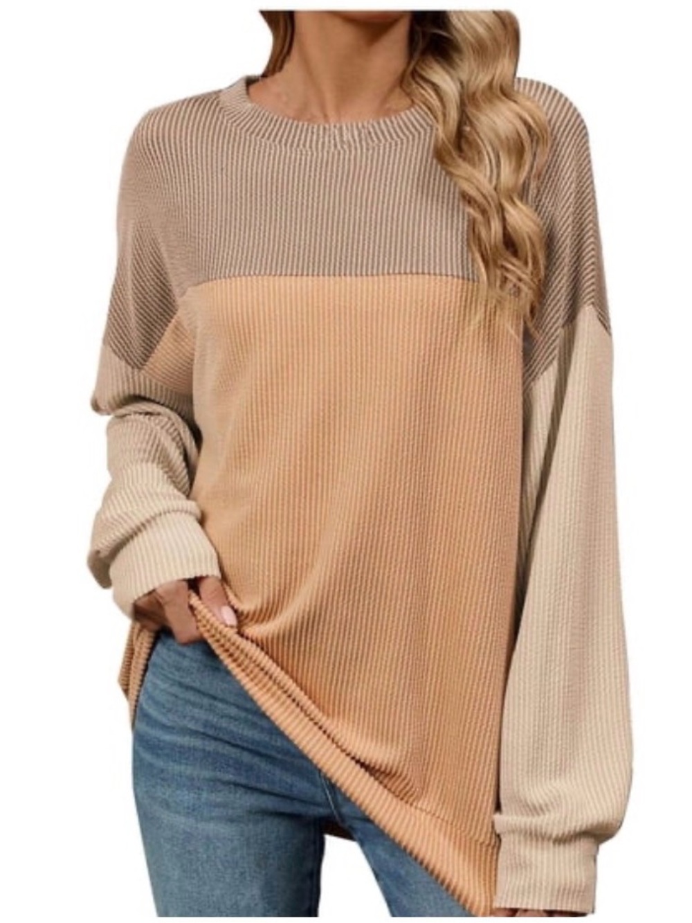 Neutral Colorblock Ribbed Crewneck Sweater Top - Beige & Tan